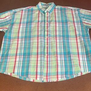 Men's XXL Plaid Short-Sleeve Button-Down Shirt in Turquoise, Mint & Red